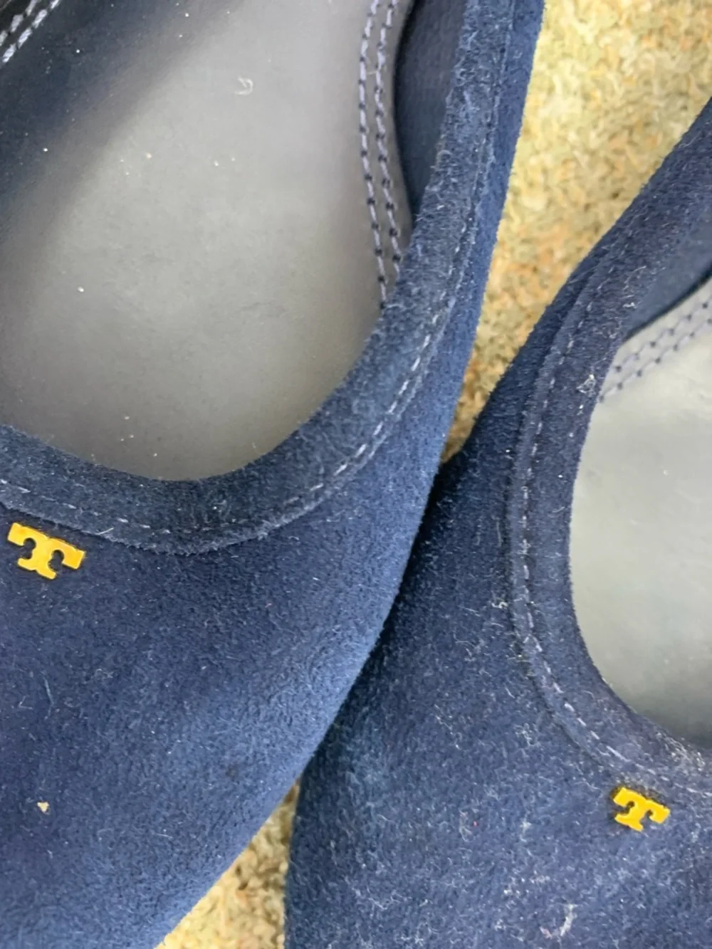 Tory Burch Navy Suede Round-Toe Ballet Flats with Gold Logo